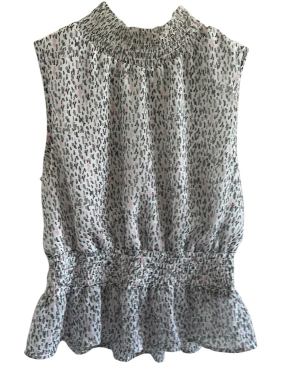 Sleeveless Smocked Waist Printed Top - White with Gray & Pink